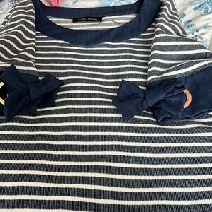 Navy and White Striped Top with Bow Detail on sleeves. Do cute. A little heavy